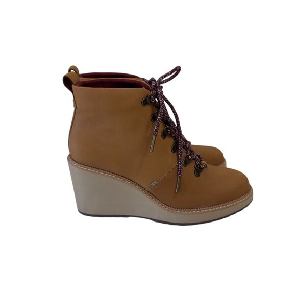 Toms Melrose Womens Tan Suede Wedge Booties With Burgundy Lace-Up Detail SZ 8.5 - Picture 6 of 14